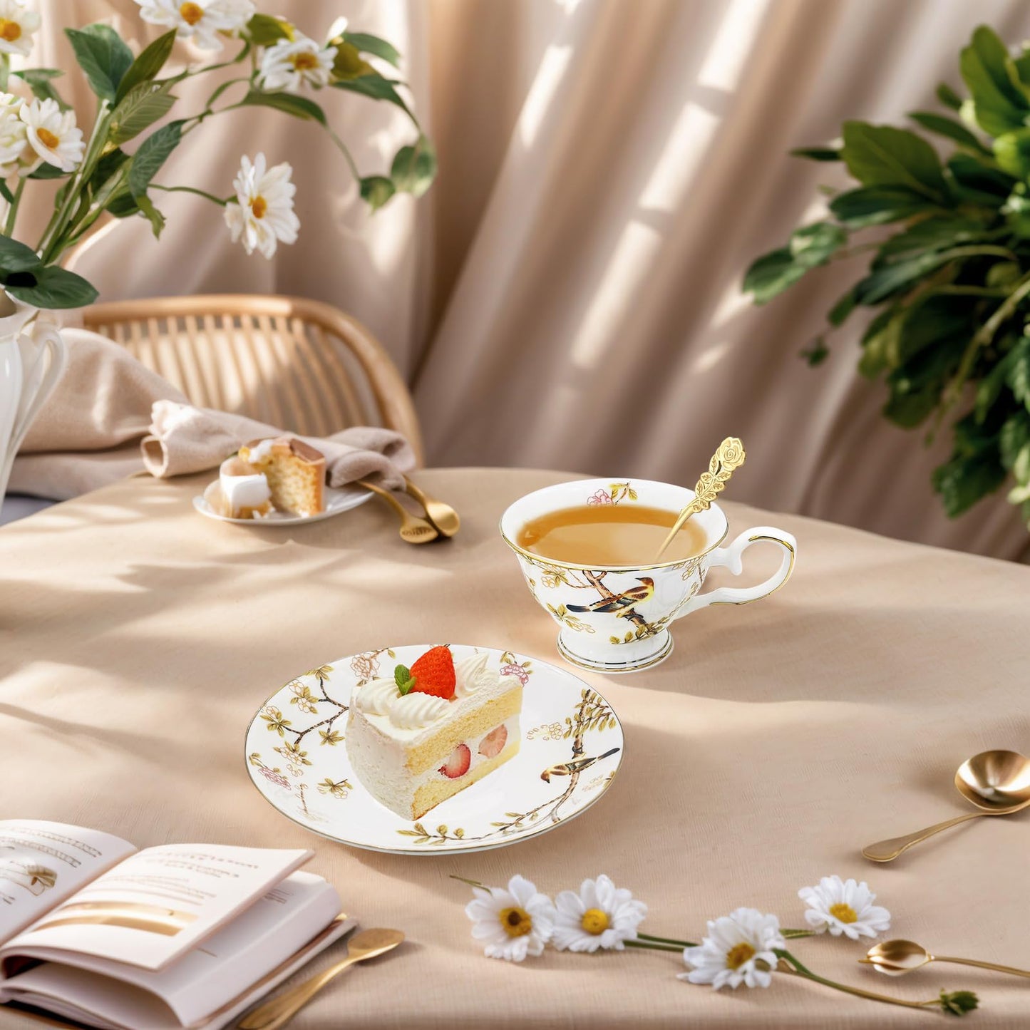 Keofoskv Tea Cups and Saucers, 7.5 OZ Floral Bone China Coffee Cup Set with Spoon, Vintage Garden Teacups with Gold Trim, Tea Cups in a Reusable Handmade Gift Box with Ribbon (Bourbon Rose 2)