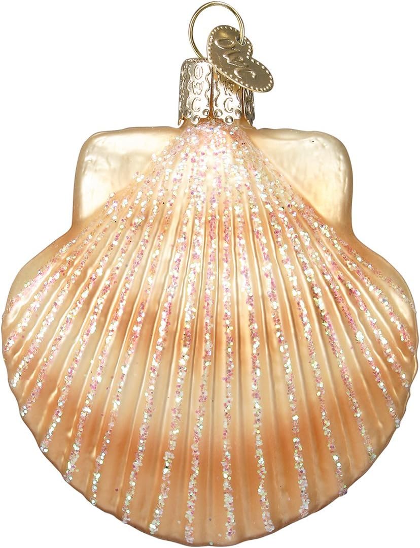 Beach Shells Glass Blown Ornaments for Christmas Tree - Junonia Shell, Tan/Brown/White/Gold