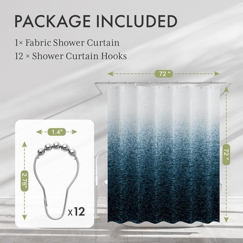 AmazerBath Ombre Shower Curtain - Washable Dark Sea Blue Cloth Set with Hooks | 72x72 Inches