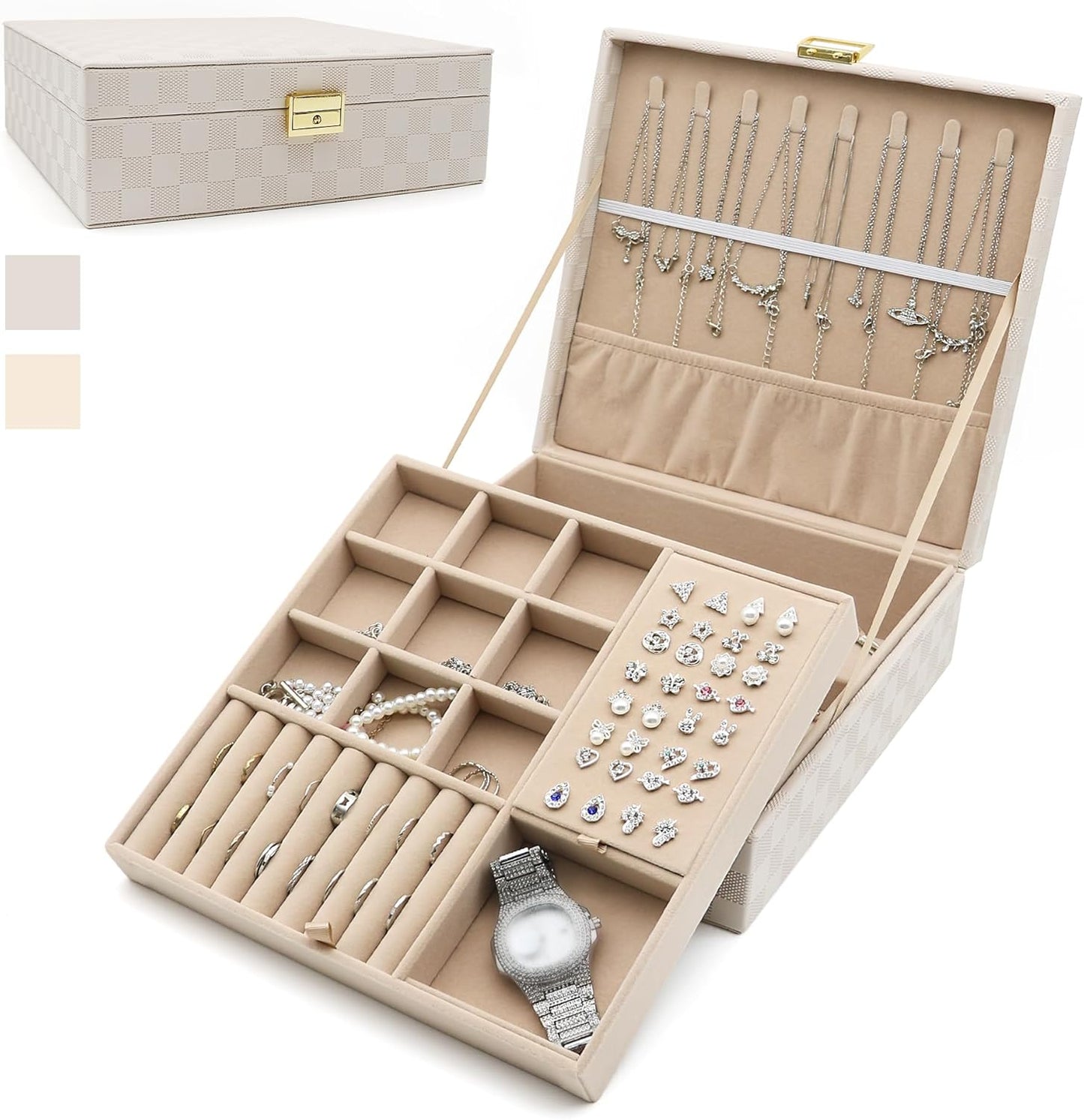 Jewelry Organizer Box, Jewelry Box Organizers for Women Girls, 2 Layers Large Leather Jewels Storage Case for Earring, Rings, Necklaces, Bracelets, Big and Small Jewellery, Watch, Ideal Gift (Brwon)