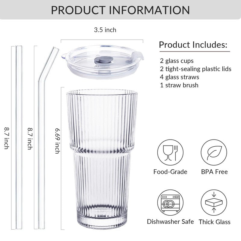 Puraville 2 Pack 20oz Glass Cups with Lids and Straws, Vintage Ribbed Glassware for Whiskey Cocktail Beer, Mason Jar Drinking Glasses Tumbler Iced Coffee Cup