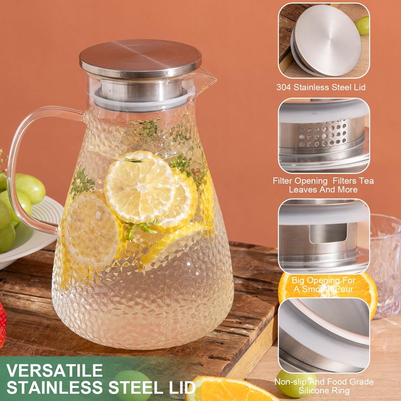 MRZIKPO 1.5 Liter 50 oz Glass Pitcher with Lid and Spout, Glass Carafe for Hot/Cold Water, Large Iced Tea Pitcher for Coffee, Milk,Juice and Homemade Beverage,Iced Coffee, and Container for Drinks