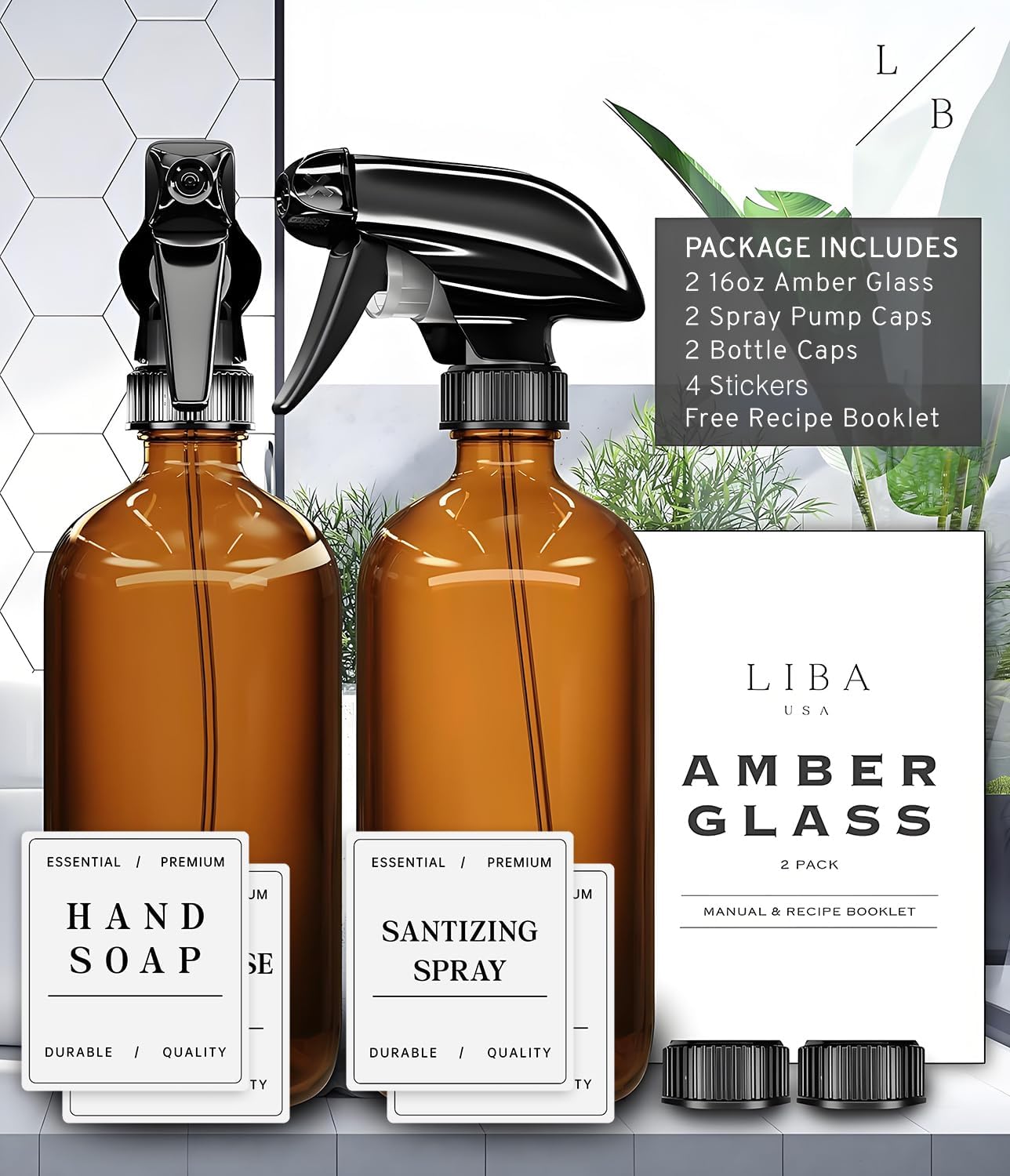 LiBa Amber Glass Spray Bottles - 16 oz Refillable Spray Bottles for Cleaning & Essential Oils | Adjustable Nozzle