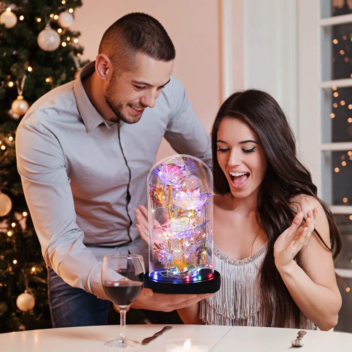 Birthday Gifts for Women,Beauty and the Beast Rose in Glass Dome,Preserved Rose with Warm Lights,Flower for Delivery Prime,Forever Flower Gifts for Women Mom Wife Girlfriend, Anniversary Birthday Gift