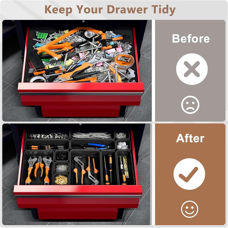 A-LuGei 【𝟲 𝗦𝗜𝗭𝗘 & 100PCS】 Tool Box Organizer Tray Set【Fits 100+ Tools】 Black Plastic Drawer Divider Desk Drawer Organizer Garage Organization for Rolling Tool Chest Cart Workbench Office Storage