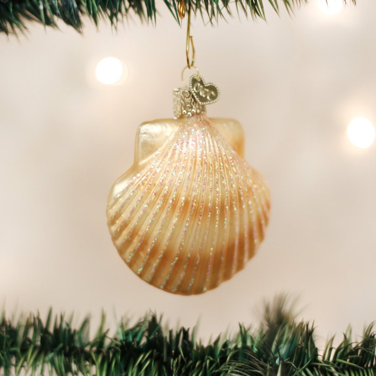 Beach Shells Glass Blown Ornaments for Christmas Tree - Junonia Shell, Tan/Brown/White/Gold