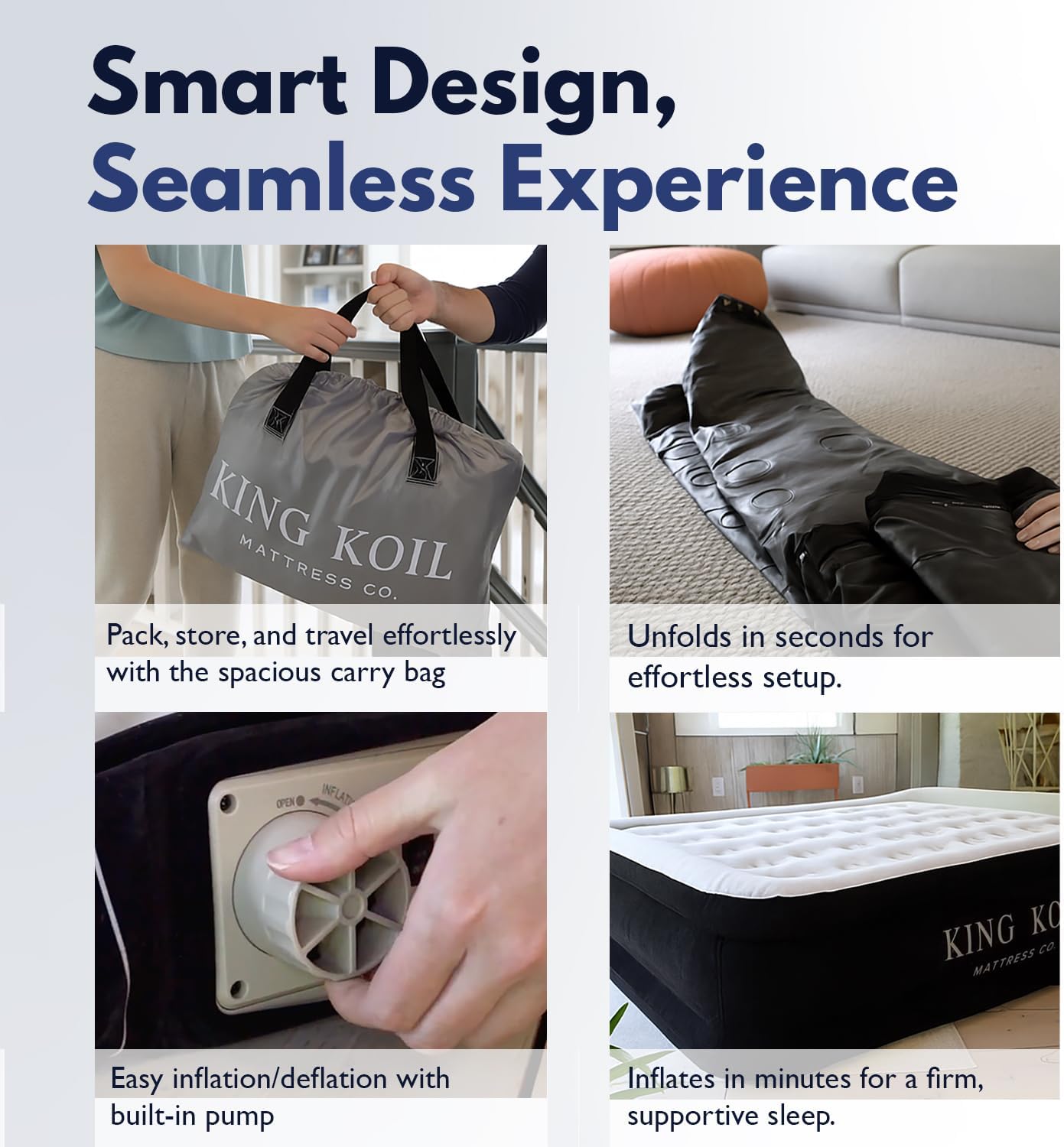 King Koil Queen Air Mattress - Luxury Pillow Top Design with Built-in Pump | Waterproof & Adjustable 20" Double Airbed