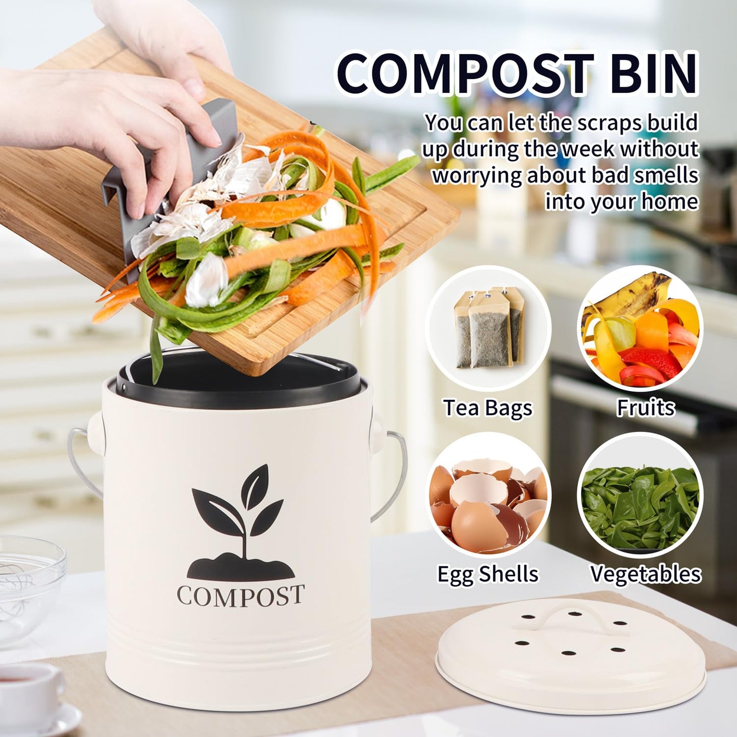 Compost Bin Kitchen Countertop, Indoor Compost Bin with Inner Bucket, 1.15 Gallon Small Compost Bin with Lid, Indoor Composter Bin Counter Compost Pail Food Waste Bin Includes 3PCs Carbon Filter Cream