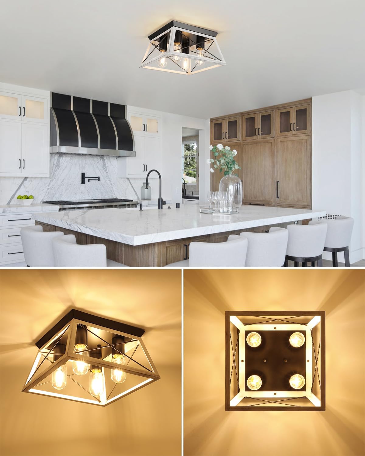 Farmhouse Flush Mount Ceiling Light Oak White Ceiling Light Fixtures 2-Light Industrial Vintage Metal-Framed Ceiling Lighting for Hallway Foyer Kitchen Dining Room Bedroom Living Room Laundry