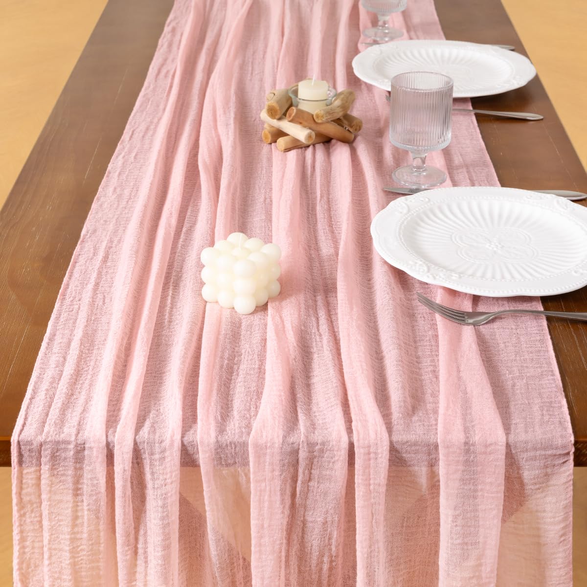 Socomi Pink Gauze Summer Cheesecloth Table Runner Blush 120 Inch Rustic Boho Cheese Cloth Runner for Wedding Party Baby Bridal Shower Centerpiece Decor Holiday Home Decorations