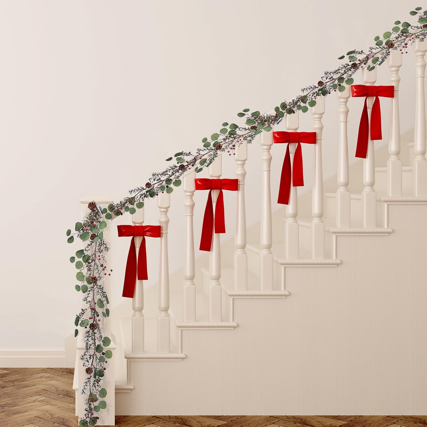 LOHASBEE Christmas Garland, 5FT Natural Eucalyptus and Pine Christmas Garland with Red Berries and Pinecones - Perfect Festive Decoration for Your Home