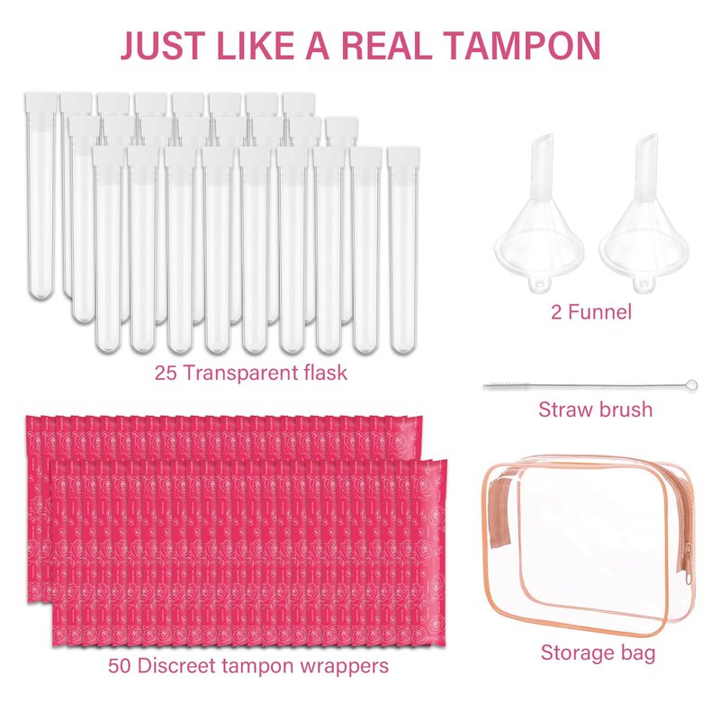 Tampon Flask Set 79 Pcs, 25 Reusable Leak-Proof Plastic Tubes with 50 Self-Adhesive Wrappers, 2 Funnels, Straw Brush, Bag, Travel Flasks for Women, Flask Containers for Cruise, Concert, Sports Events