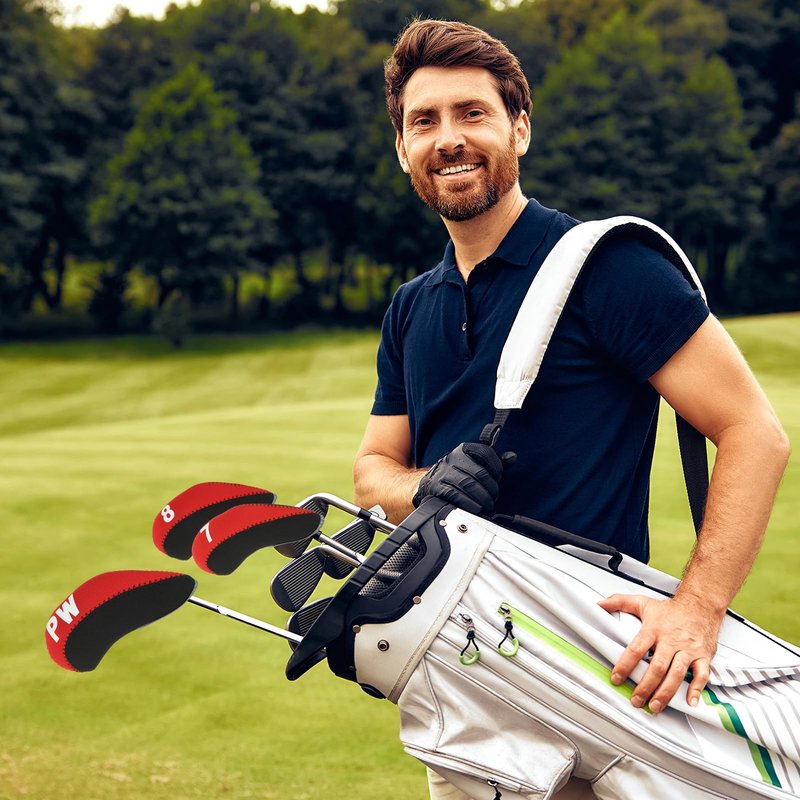 PATIKIL Golf Club Head Cover, 10 Pcs Number Golf Club Irons Covers with Hole Neoprene Driver Headcover Golf Lovers Gifts for Men Women, Red/Red