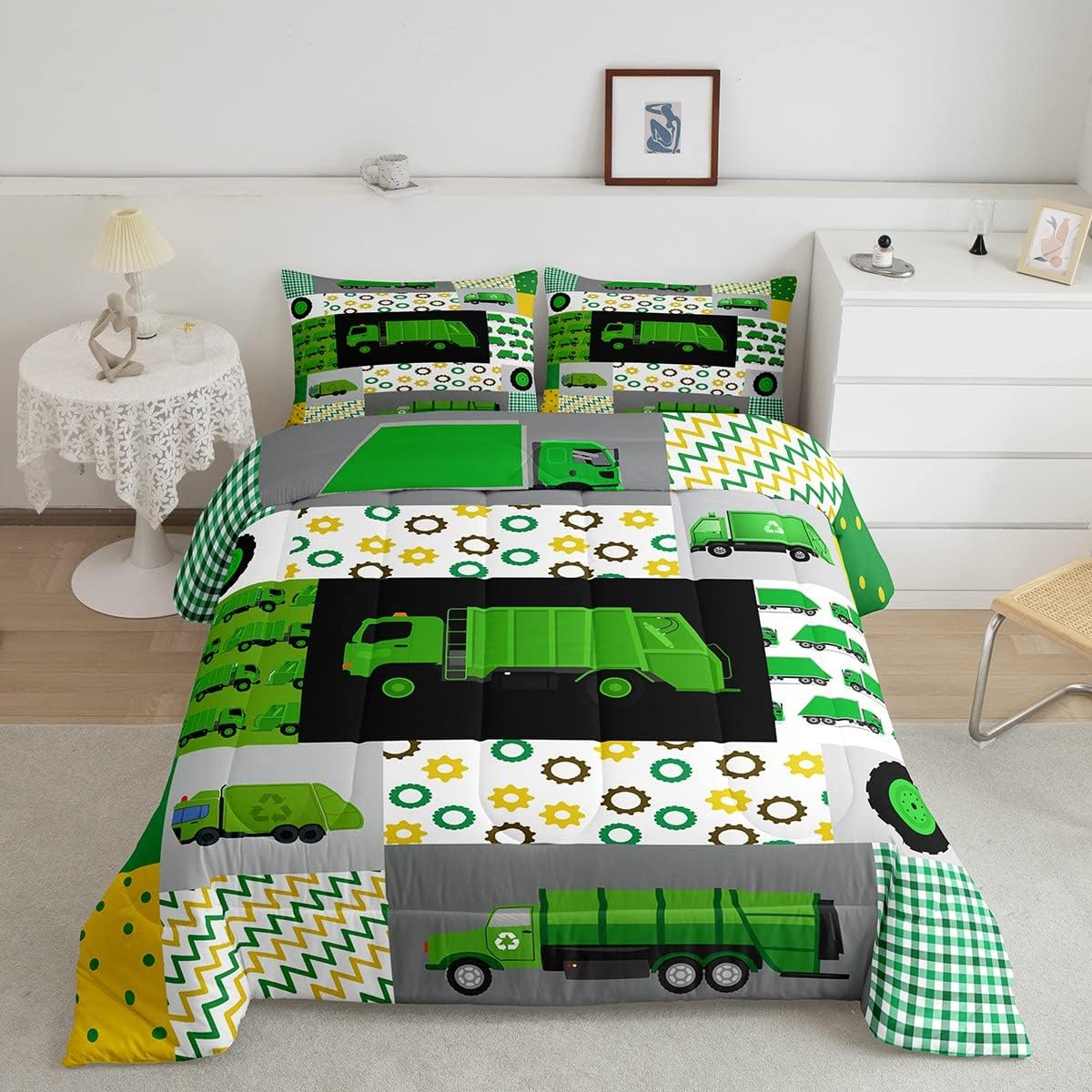Cartoon Police Car Bedding Set Red Fire Truck Comforter Set for Kids Boys Fire Extinguisher Duvet Set Airplane Comforter 1 Comforter Set with 2 Pillowcases Full Size Boys