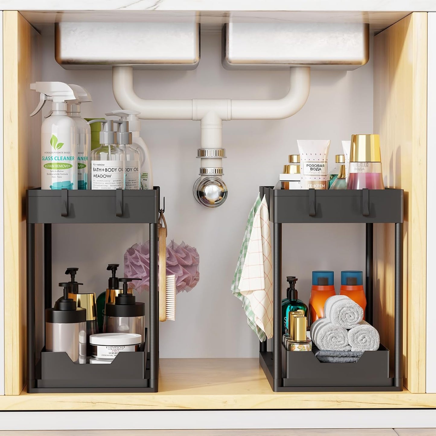 Simple Trending Under Sink Organizer - 2-Pack Pull-Out Sliding Storage Cabinet | 2-Tier Kitchen & Bathroom Organizer in Black