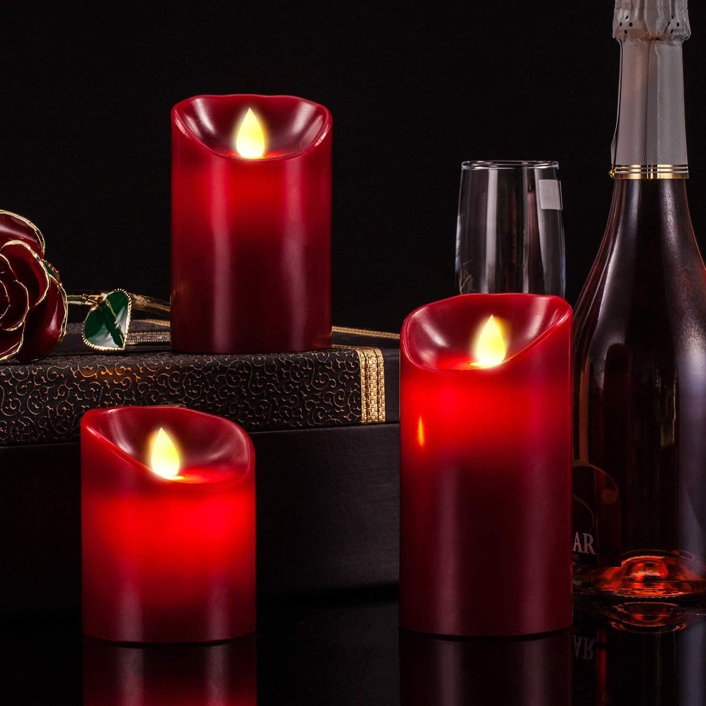 Flameless LED Drip-Less Wax Pillar Candles Set of 3 - Realistic Flickering Motion, Burgundy with Remote & 24-Hour Timer