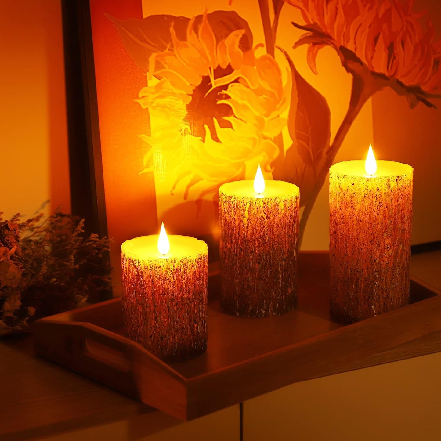 Flameless LED Drip-Less Wax Pillar Candles Set of 3 - Realistic Flickering Motion, Burgundy with Remote & 24-Hour Timer