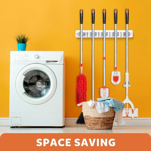 IMILLET Broom Holder Wall Mount - Wood Organizer with 5 Racks & 4 Hooks for Home & Garage Storage (White)