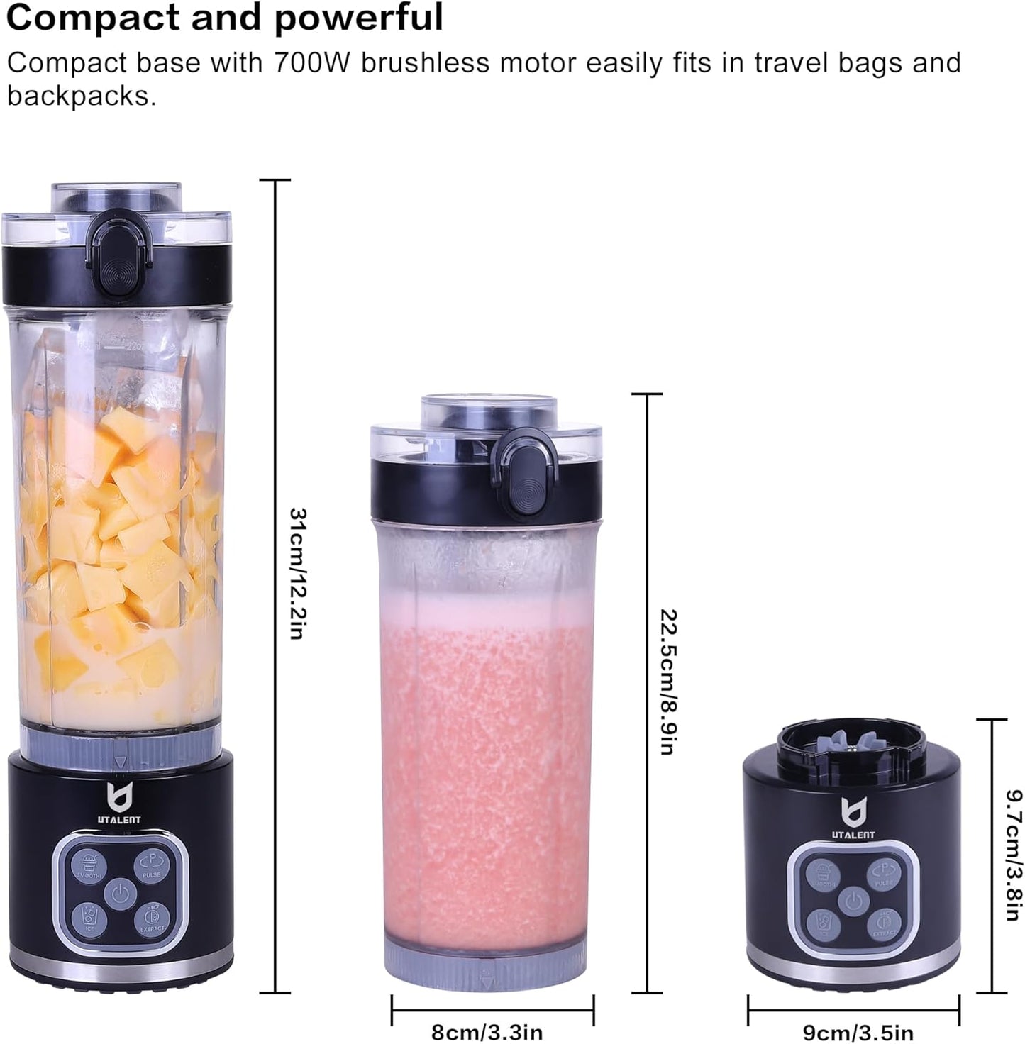 UTALENT Cordless Portable Blender - 700W Personal Blender for Smoothies & Ice Crush | 25 oz, USB-C Rechargeable, Black