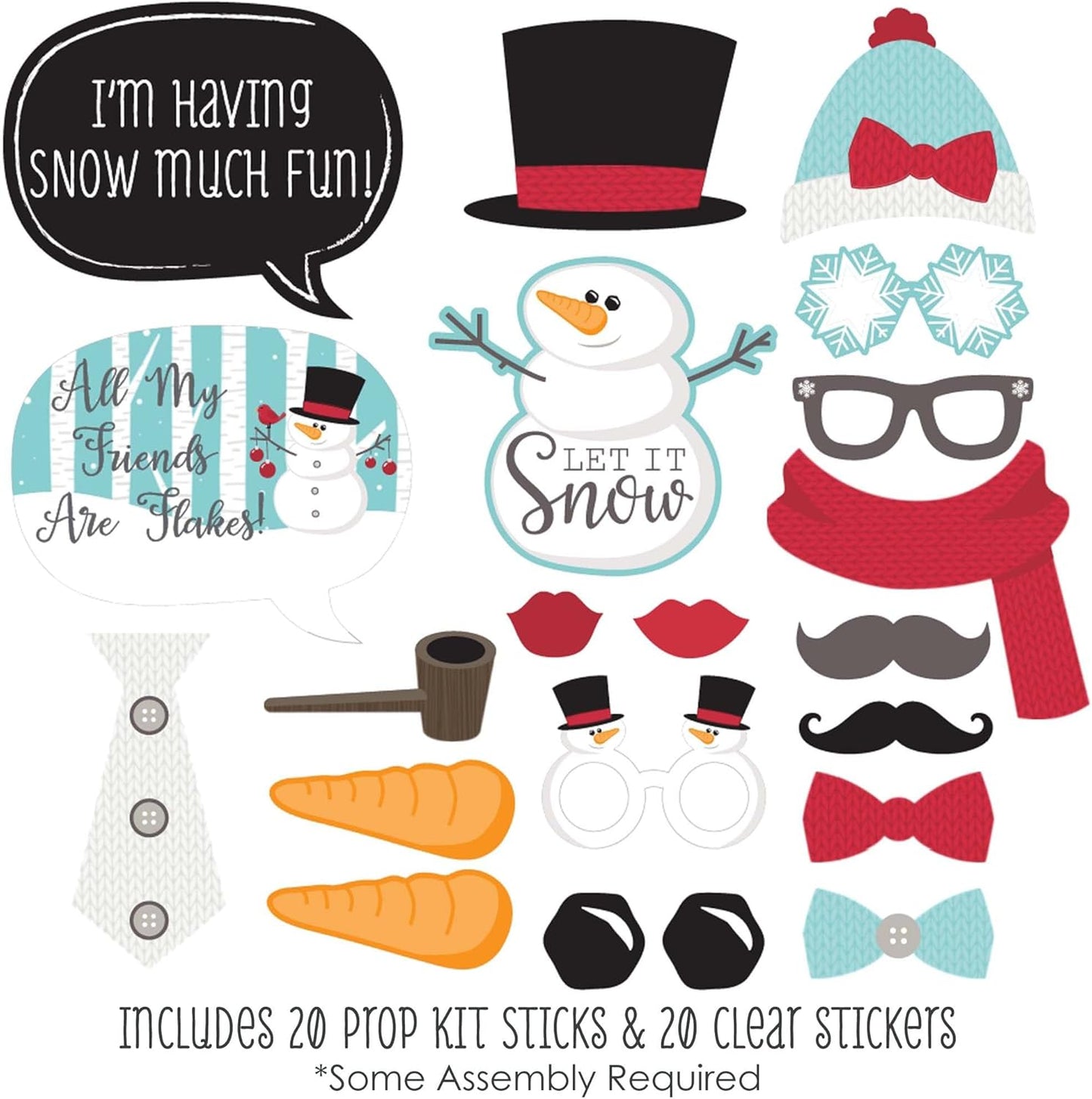 Let It Snow Snowman Photo Booth Props Kit - 20 Holiday Party Accessories
