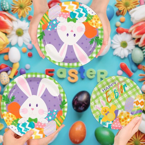 DYLIVeS Easter Party Plates Napkins, 150 Pcs Set 9" Paper Dinner Plates, 7" Dessert Plate, 6.5" Luncheon Napkins Bunny Colorful Eggs Disposable Tableware Set Kids Easter Party Decorations Serves 50