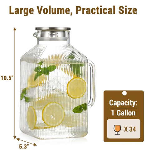 1 Gallon thickened Square Glass Pitcher with Lid, Classic Stripes Water Pitchers for Fridge, Borosilicate Glass Carafe for Hot/Cold Brew Drink, Extra Large Jug with Handle for Iced Tea, Coffee, Juice