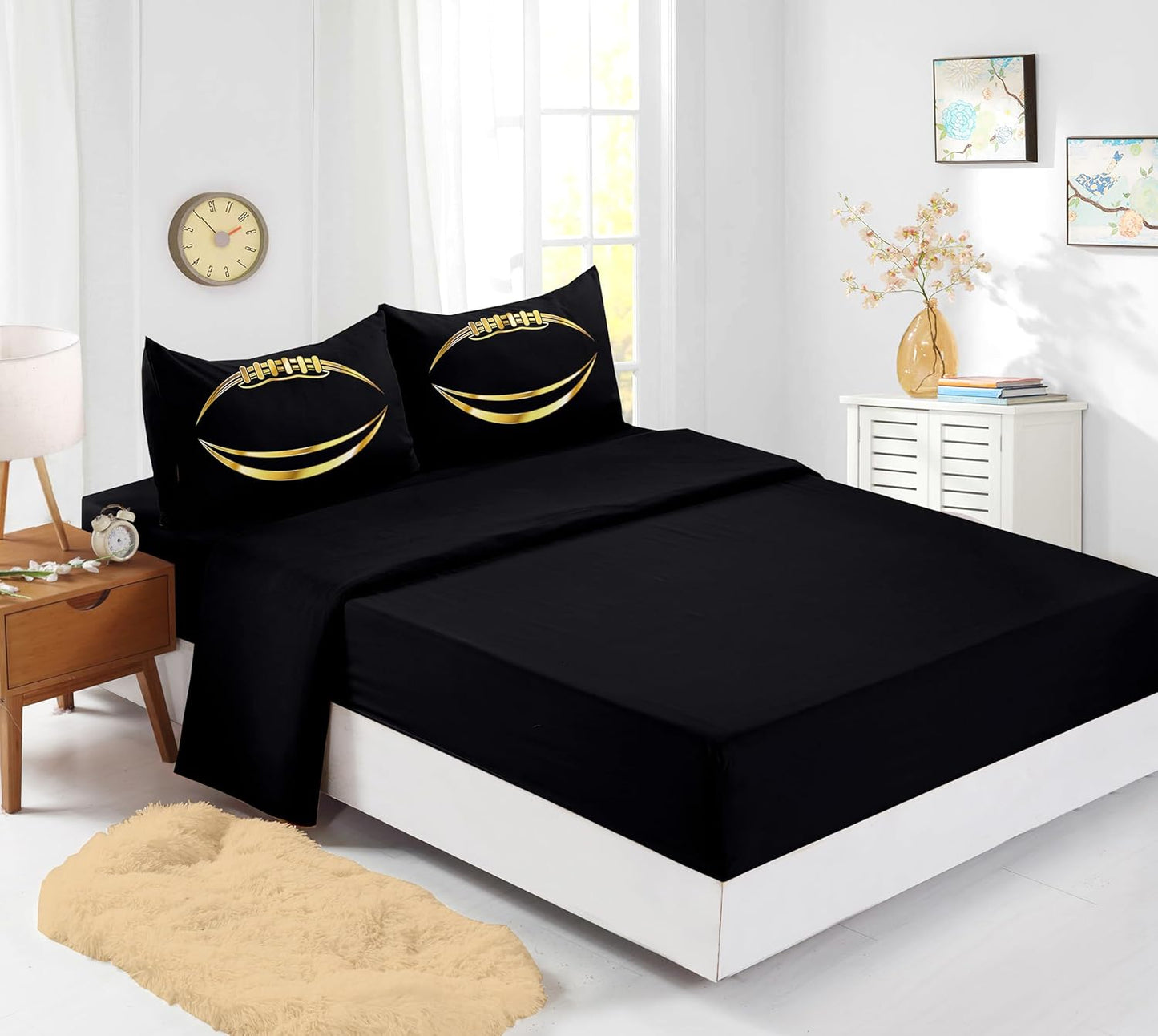 Football Comforter Sets,6 PCS Football Bedding Set,Kids Comforter Sets for Boys,Twin Black and Gold Bed Sets for Boys,Bed in A Bag with Sheets