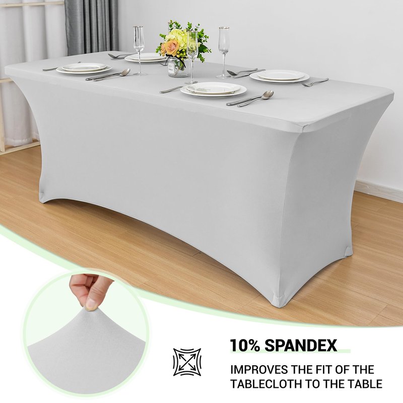 Obstal 6ft Stretch Spandex Table Cover for Standard Folding Tables - Universal Rectangular Fitted Tablecloth Protector for Wedding, Banquet and Party, 72L x 30W x 30H Inches, Silver, 2pc