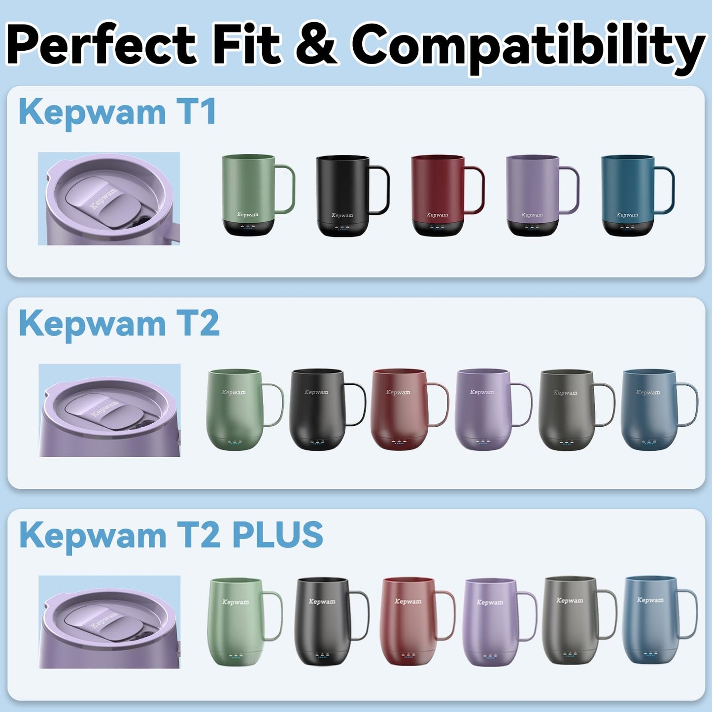 Kepwam Replacement Spill-Resistant Sliding Lid for Kepwam Self Heating Coffee Mug – BPA-Free, Easy to Use & Clean, Compatible with T1, T2 & T2 Plus Smart Mugs (Lilac Violet)