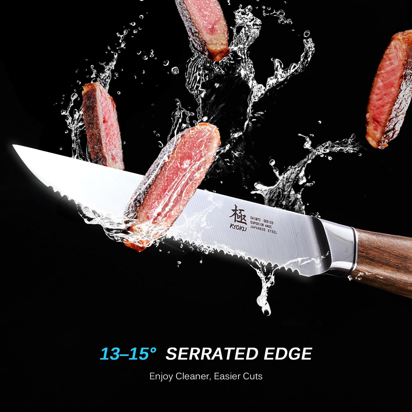 KYOKU Daimyo Series Serrated Steak Knife Set of 4 - Japanese 440C Stainless Steel 5 Inch Steak Knives - Rosewood Handles Mosaic Pins - with Sheaths & Case
