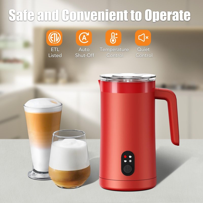 Milk Frother, 4-in-1 Electric Milk Steamer and Frother, 13.5oz/400ml Automatic Large Capacity Warm and Cold Foam Maker, Milk Warmer and Coffee Frother for Latte, Cappuccino, Macchiato(Red)