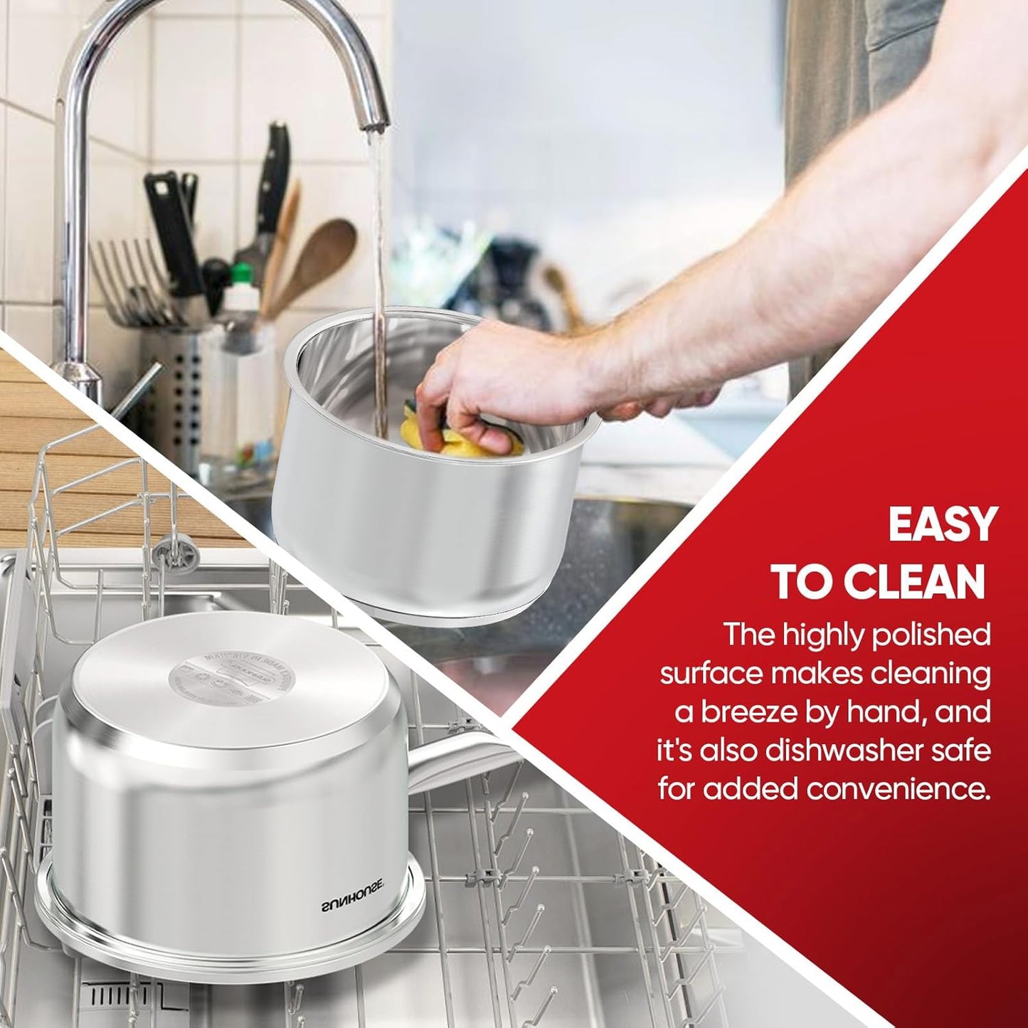 SUNHOUSE - 2-Quart Stainless Steel Sauce Pan with Lid | PFOA-Free, Induction Base, Stay-Cool Handle