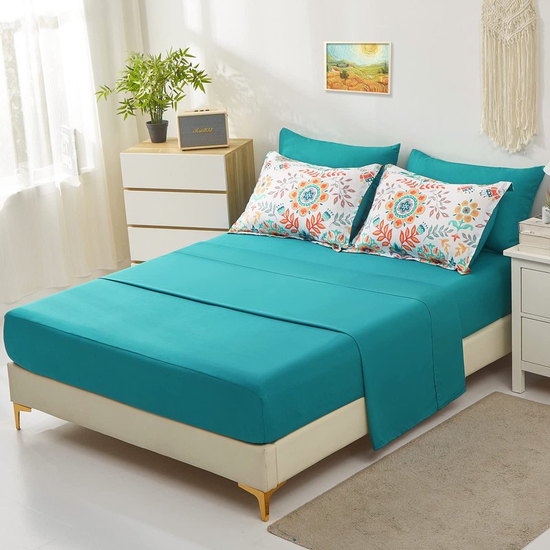 DHSFKBE Boho Comforter Set King - 7 Pieces Bed in a Bag Floral Medallions Design, Bohemian Comforter Set with Sheets, Soft Microfiber Complete Bedding Sets All Season (Teal Blue, King)