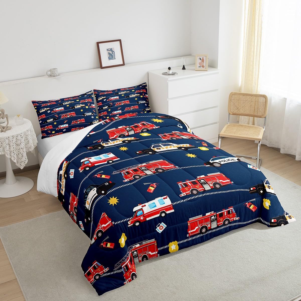 Cartoon Police Car Bedding Set Red Fire Truck Comforter Set for Kids Boys Fire Extinguisher Duvet Set Airplane Comforter 1 Comforter Set with 2 Pillowcases Full Size Boys