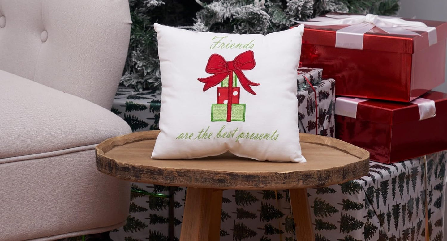 Embroidered Accent Pillow - 10" x 10" Friends Are The Best Presents - Festive Winter Holiday Decor for Sofa, Couch, Chair, Bed