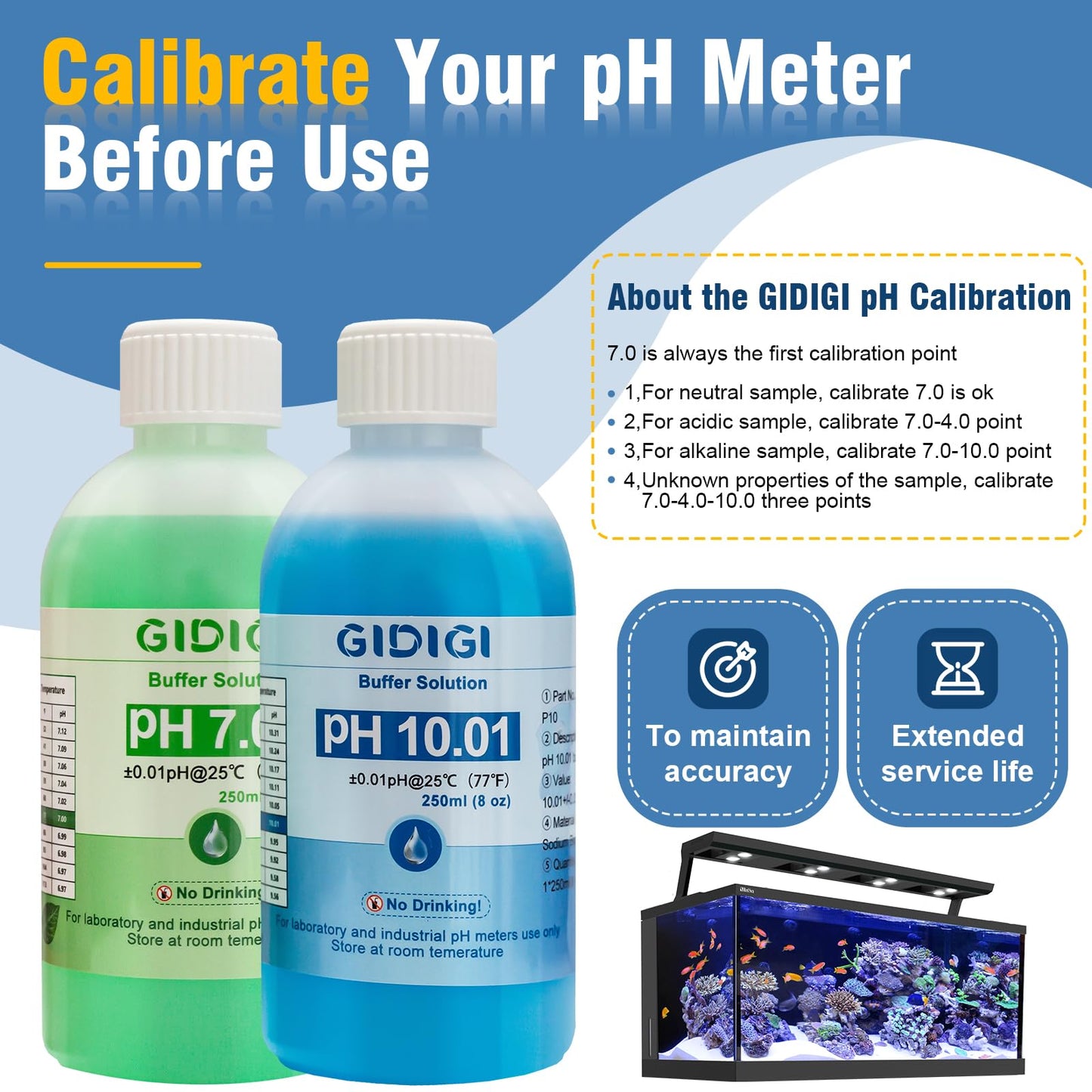 pH Meter Calibration Solution Kit,Includes pH 7.00, 10.01 and Electrode Protection,pH Calibration Buffer 250ml*2,Probe KCL Storage 30ml*1, pH Meter Accessories