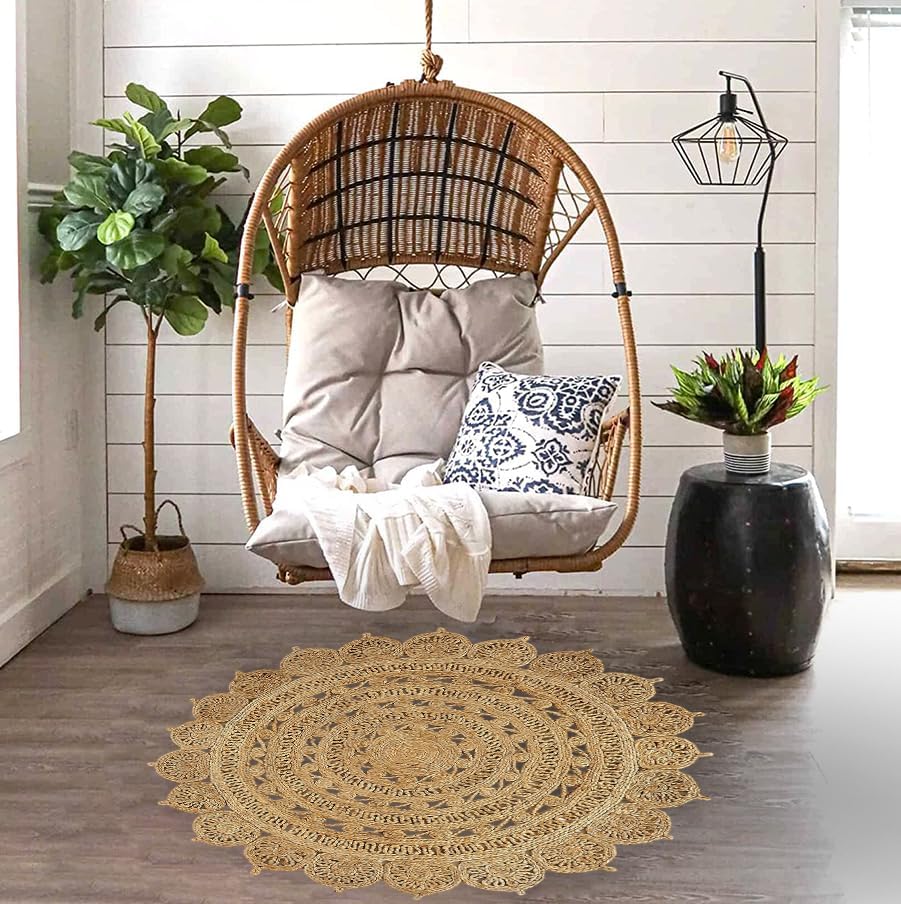 GRUHUM Handwoven Jute Area Rug 4 feet Round Natural Fiber Boho Soft Braided Rustic Vintage Beige Reversible EcoFriendly Rugs Farmhouse Indoor Kitchen Bedroom Living Room Hallways (4'Round)