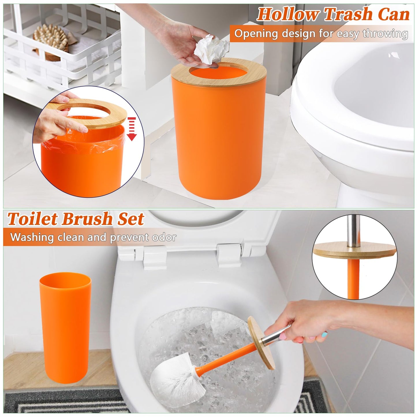 SLDIYWOW 9 Pieces Orange Bathroom Accessory Set, Plastic Bathroom Accessories Set with Trash Can,Soap Dispenser,Toothbrush Holder,Toothbrush Cup,Soap Dish,Toilet Brush and Q-tip Holders for Bathroom
