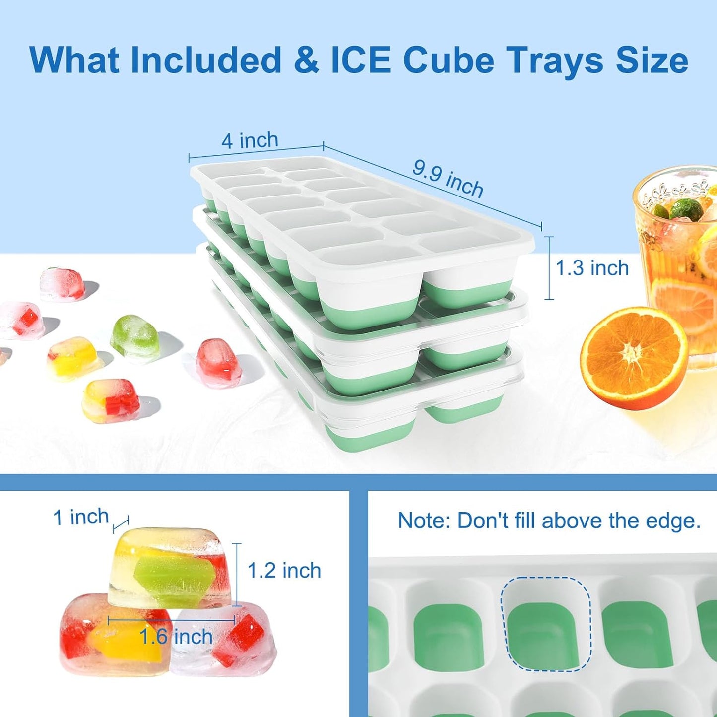 Skiennix Ice Cube Tray Set - 3 Pack Silicone Easy-Release Molds for Drinks | BPA-Free, Stackable Design