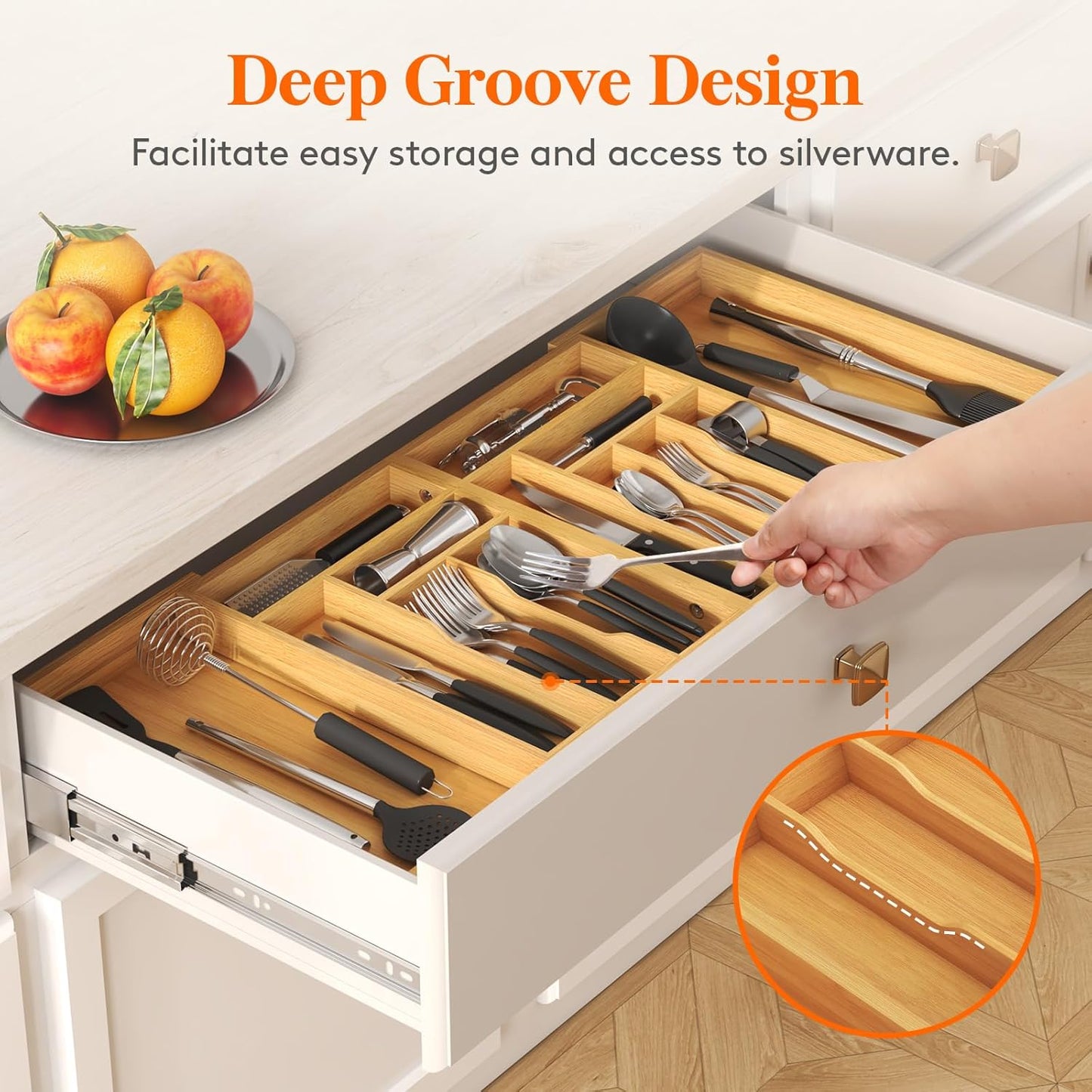 Lifewit Bamboo Silverware Drawer Organizer - Expandable 21.4 to 36 Inches | 13 Compartment Utensil Tray