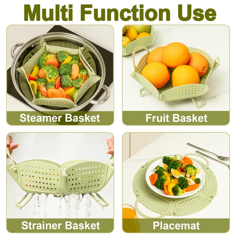 Large Collapsible Silicone Steamer Basket, Folding Silicone Vegetable Steamer Basket With Handles, BPA Free, Expandable for Pot, Non Slip Feet, Compact Storage, Dishwasher Safe
