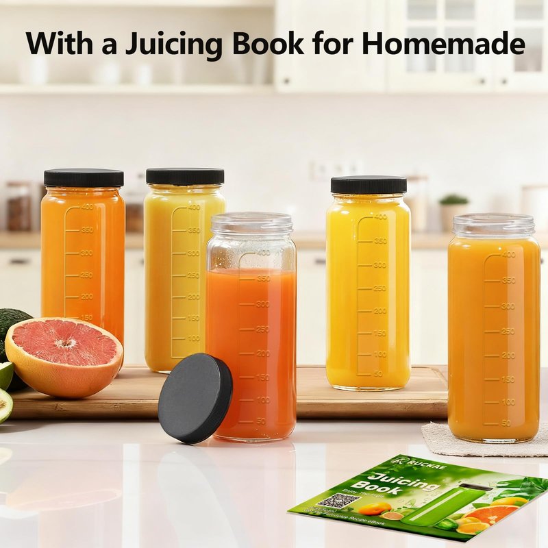 Ruckae 16oz 12 Pack Juice Bottles, Glass Bottles Juicing with Lids, Smoothie Cup Lids and Straws, Water Bottle Mason Jar Drinking Glasses for Juicing, Smoothies, Kombucha