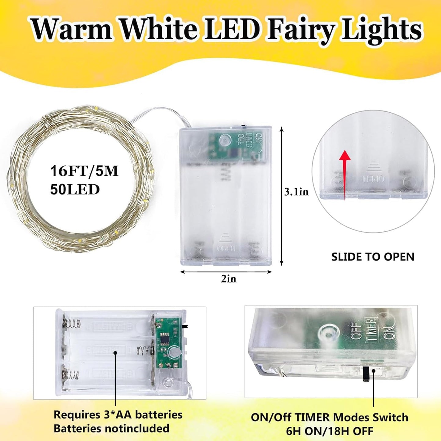 2-Pack Fairy Lights Battery Operated with Timer, Waterproof 16FT 50 LED String Lights Indoor Outdoor, Cuttable Starry Fairy Lights for Christmas Home Bedroom Wedding DIY Centerpiece Decor (Warm White)