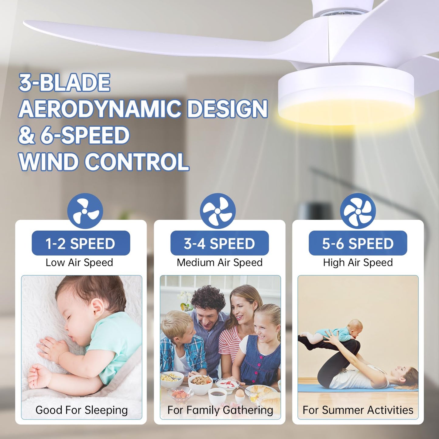 Ruhaieba Quiet Ceiling Fan with LED Light DC Motor 30 inch Large Air Volume Remote Control for Kitchen Bedroom Dining Room Patio (White)