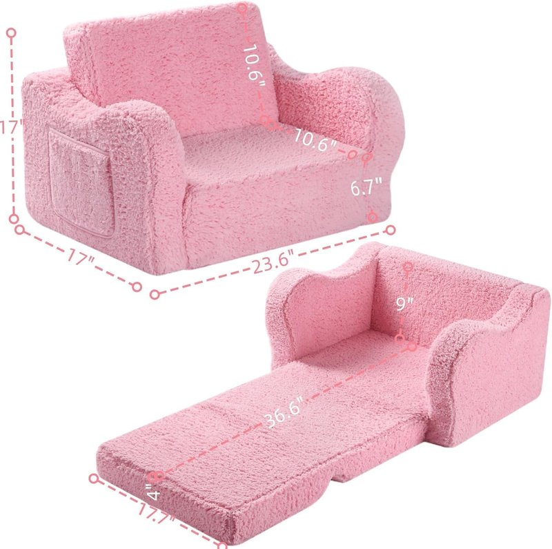 MOMCAYWEX Kids Sofa, 2-in-1 Flip-Out Foam Couch with Soft Sherpa Cover, Cozy Play Lounge Chair, Pink