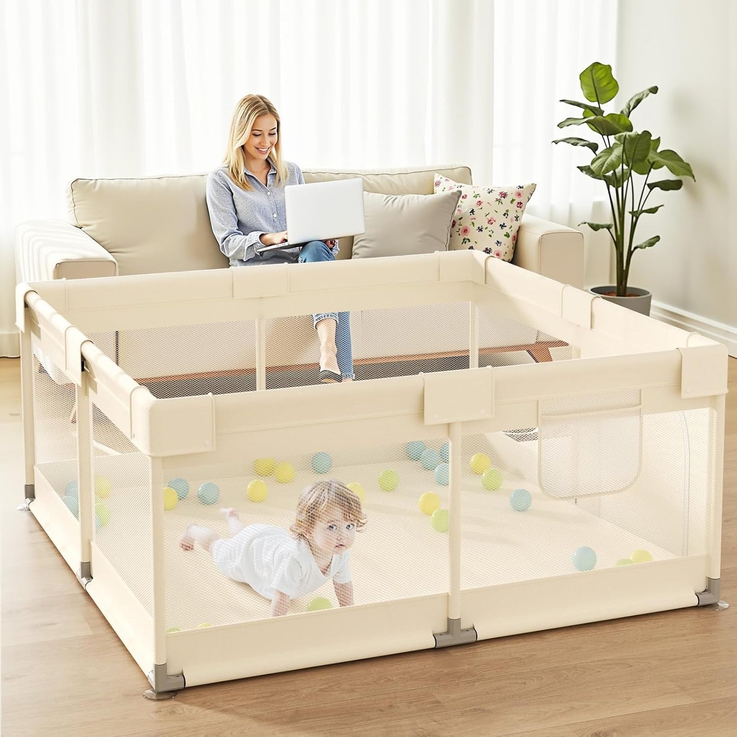 Uanlauo Baby Playpen - Safe 47x47in Indoor Playpen for Babies & Toddlers with Storage Bag & Mesh