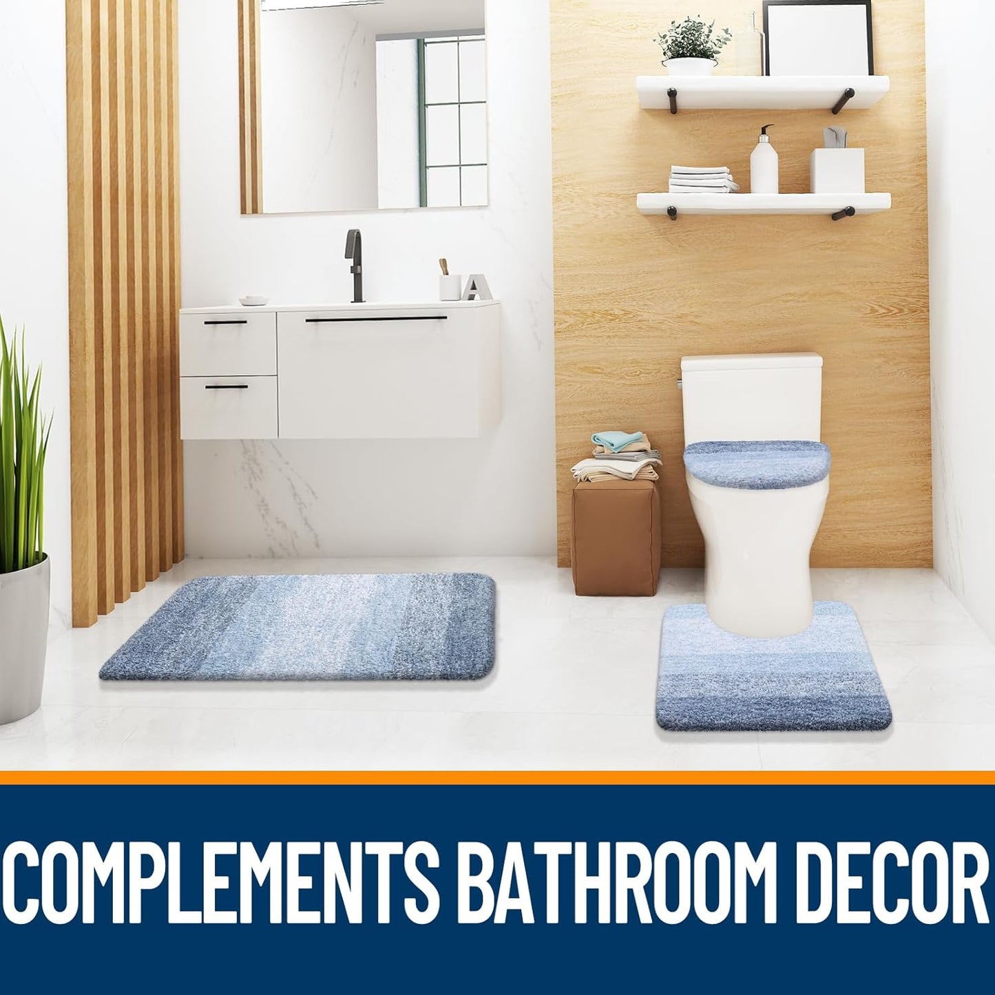 OLANLY Bathroom Rug Set - Soft Microfiber Absorbent Mats | U-Shaped Contour & Toilet Lid Cover - Blue