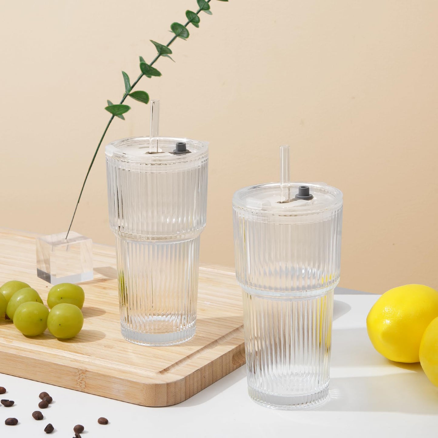 LUXULISH 20Oz Ribbed Glass Tumblers with Lids and Straws, Vintage Glass Cups Thickened Drinking Glasses Set of 4, Ideal for Iced Coffee, Smoothies, Cocktails, Matcha and Juices