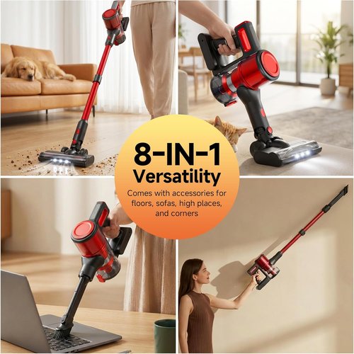 BSNAW Cordless Vacuum Cleaner - Lightweight 8-in-1 Stick Vacuum with 45-Minute Runtime | Red & Black