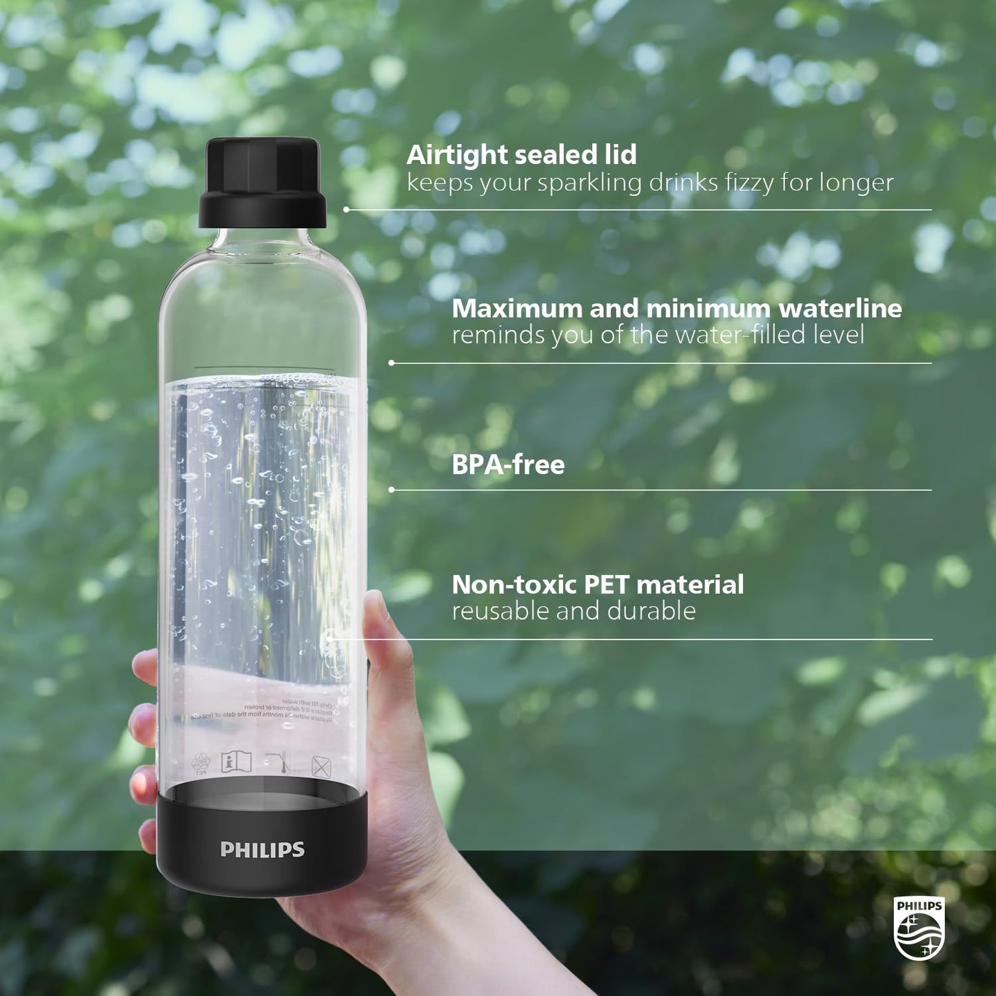 Philips Carbonating Bottles ADD910BKOQ/37, 1L Twin Pack Reusable PET Water Bottles Compatible Sparkling Water Maker, 2 Pack for ADD4902BKOQ/37, ADD4902WHOQ/37 and ADD4901GROQ/37, ADD4901BKOQ/37